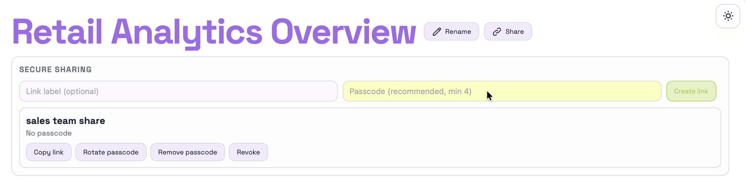 Sharing options for the Retail Analytics Overview dashboard.
